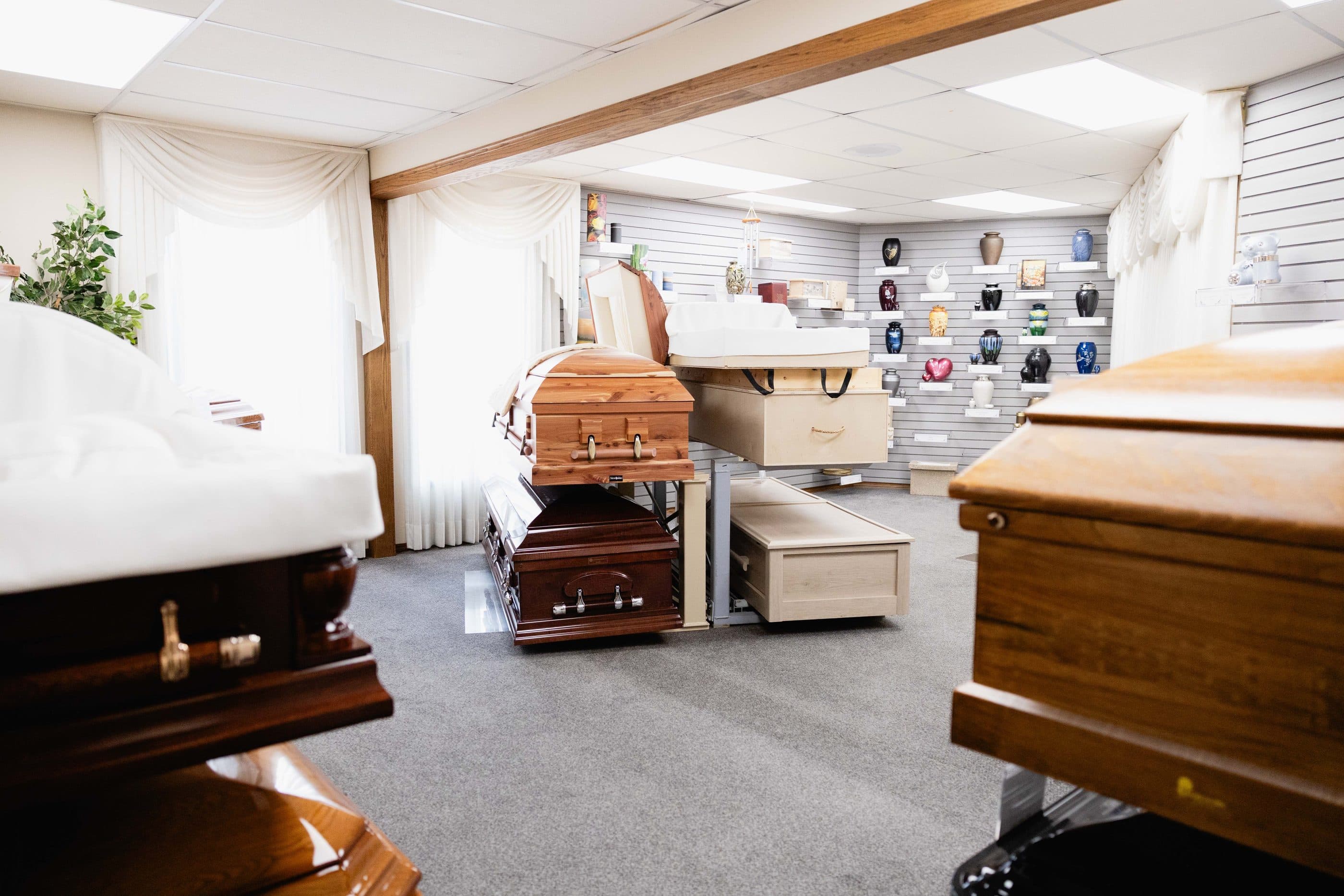 The selection room, where families can see caskets and urns for themselves